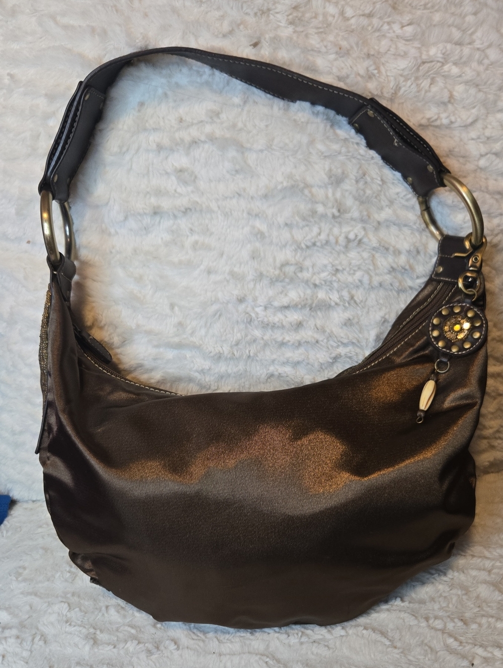 Franco Sarto Chocolate Brown Satin Hobo with Decorative Charm EUC